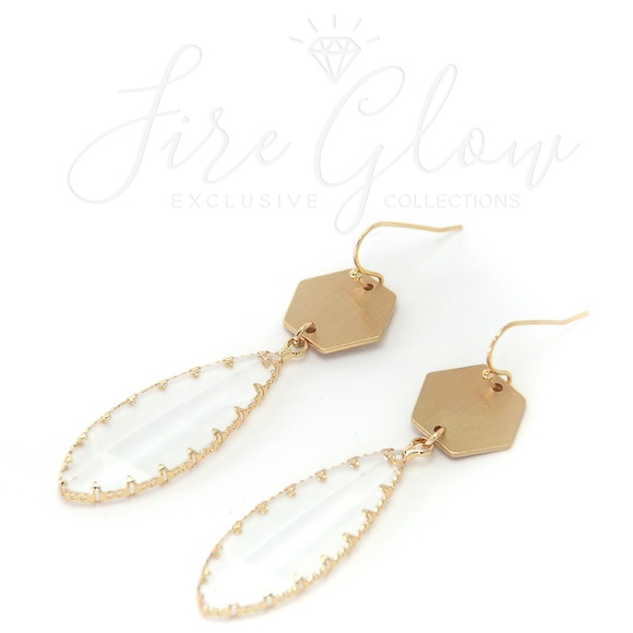 Clear Teardrop Gem Brushed Gold Tone Hex Earrings - Picture 7 of 10